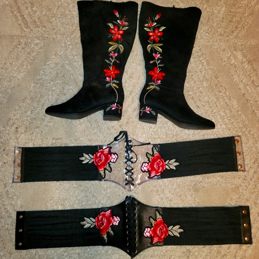 Calf high black floral boots with matching belts